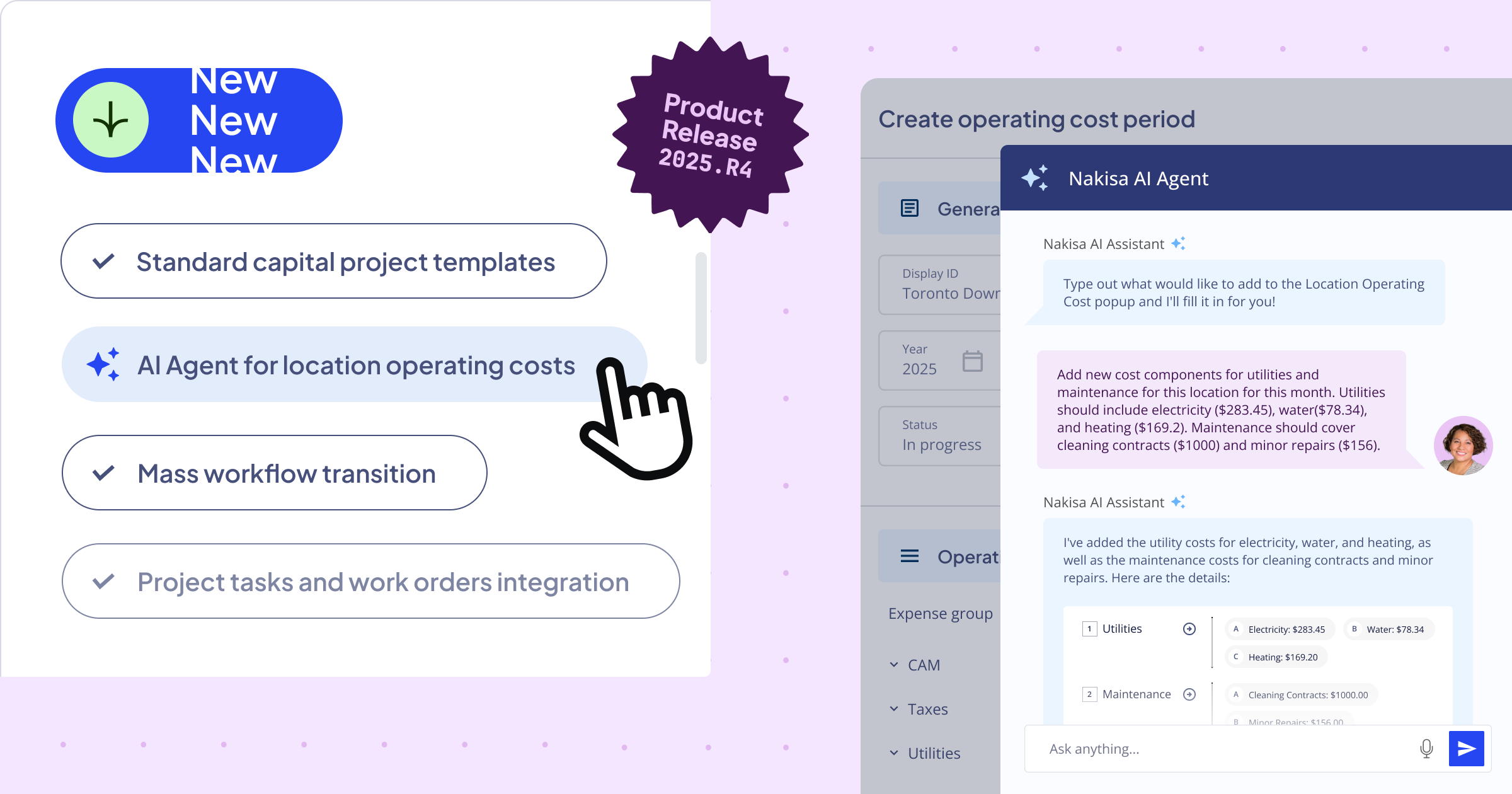 Overview of the Nakisa IWMS 2025.R4 release featuring AI Agents, operating cost automation, mass workflow transitions, and product integrations.