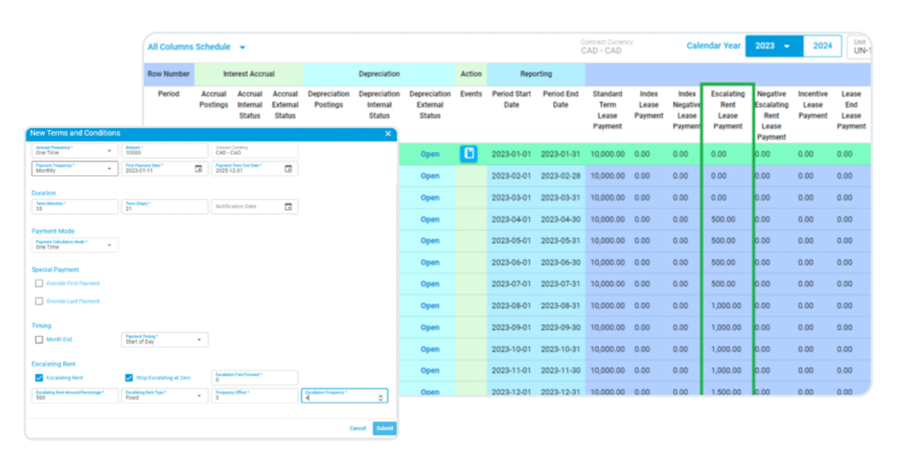 Escalating rent functionality for commercial real estate management