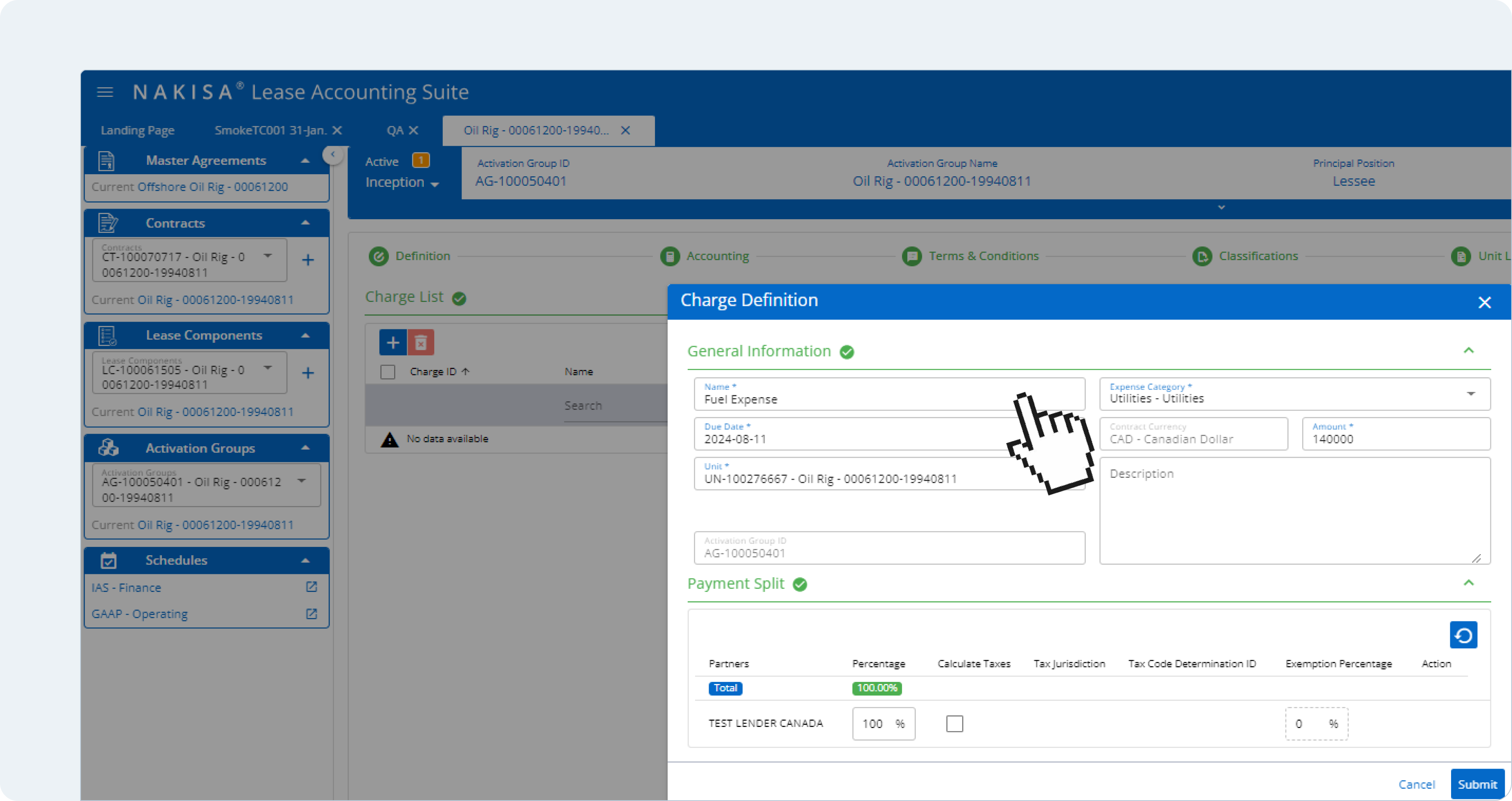 Nakisa Lease Accounting allows users to define additional expenses through the Charge Definition functionality