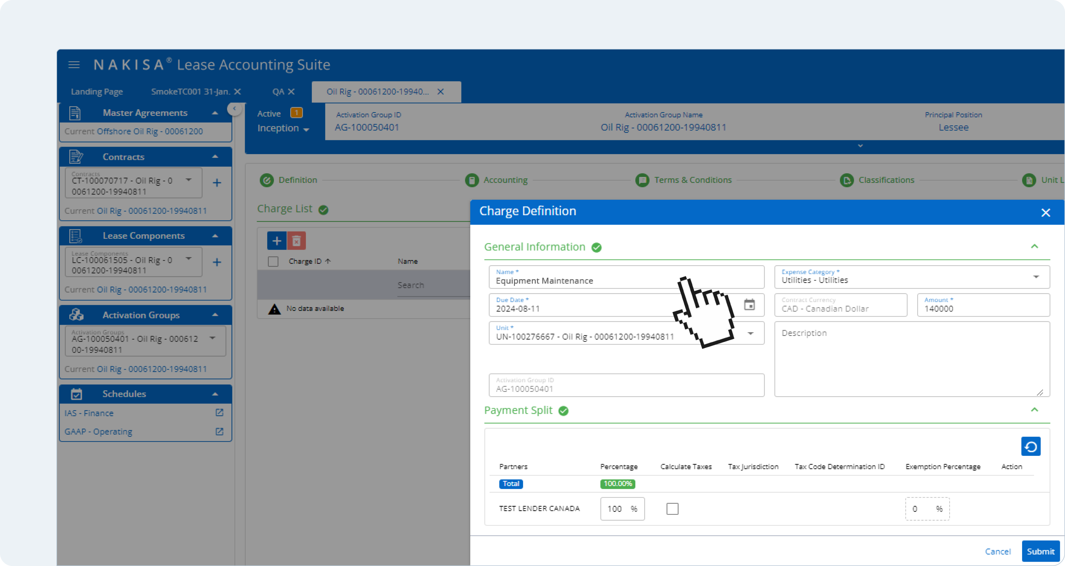 Nakisa Lease Accounting allows users to define additional expenses through the Charge Definition functionality