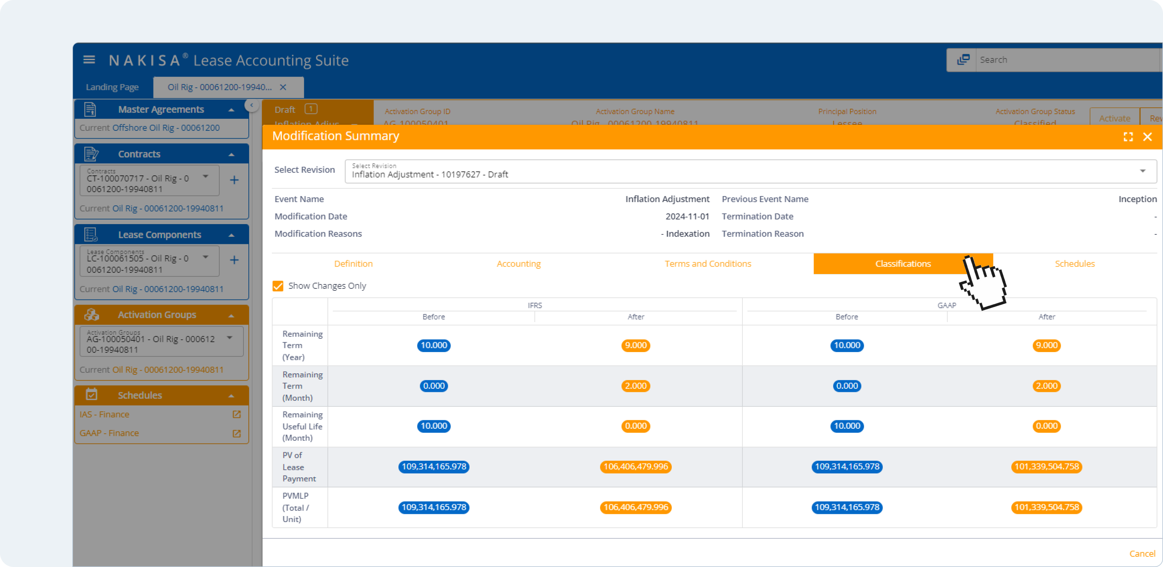 Nakisa Lease Accounting allows users to view key metrics and track changes from the inflation adjustment.