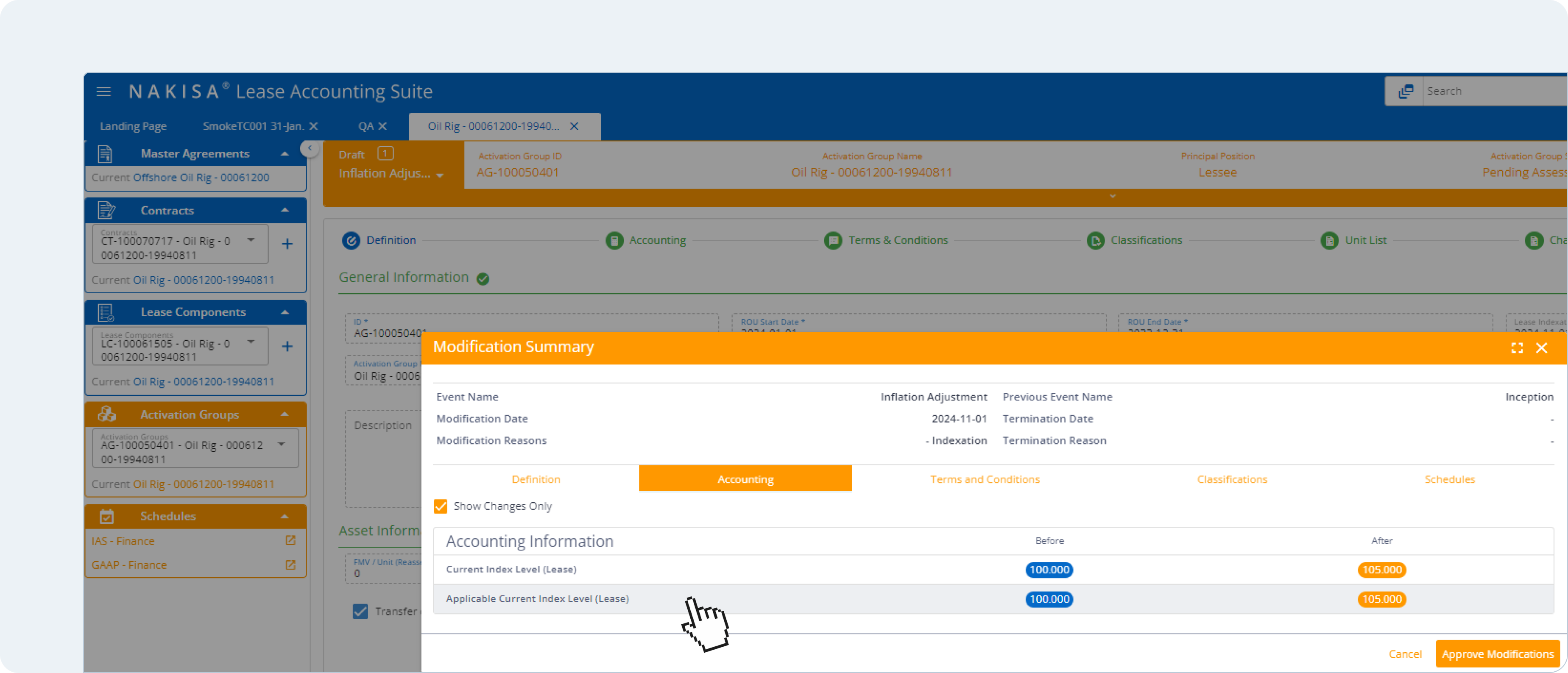 Nakisa Lease Accounting allows users to view modification summary from an inflation adjustment event.