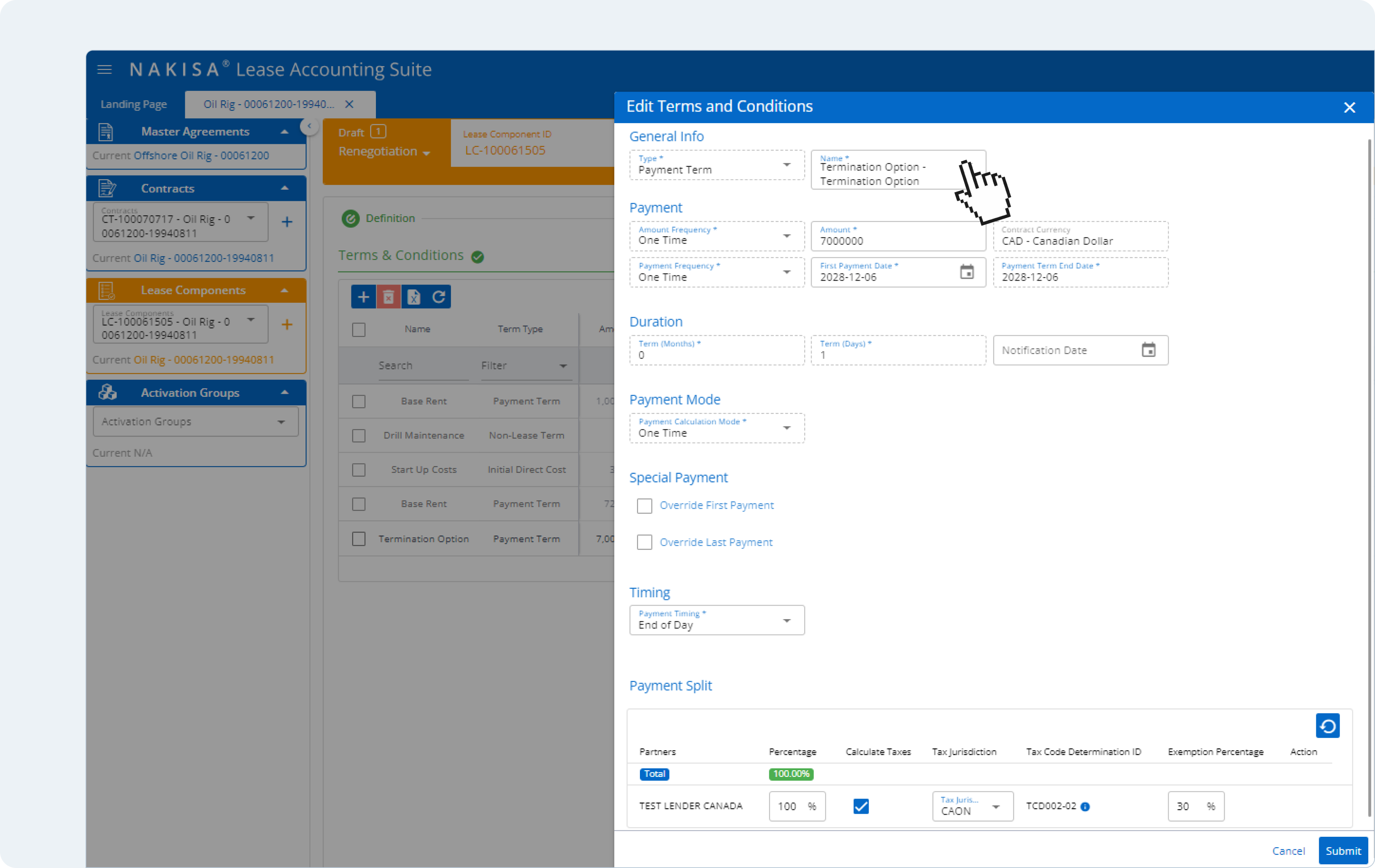 Nakisa Lease Accounting allows users to terminate leases in the Terms and Conditions module.