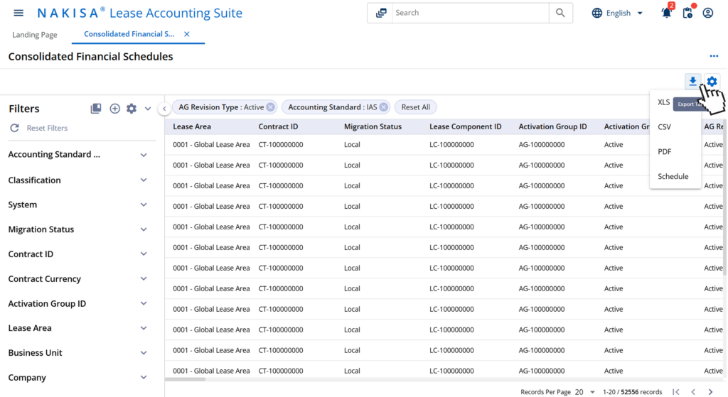 Nakisa Lease Accounting showing Portfolio Insights dashboard with schedules and postings for payments, interest, and depreciation.