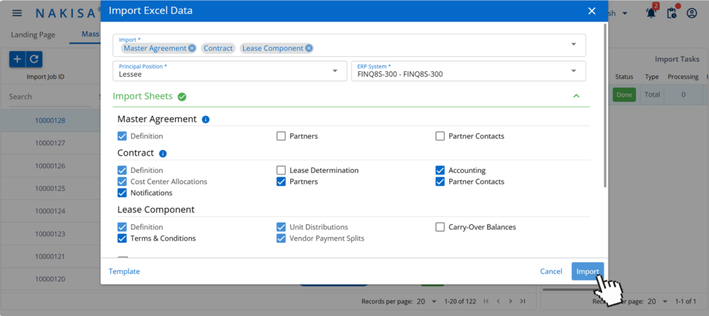 Nakisa Lease Accounting showing the import process for consolidated data files.