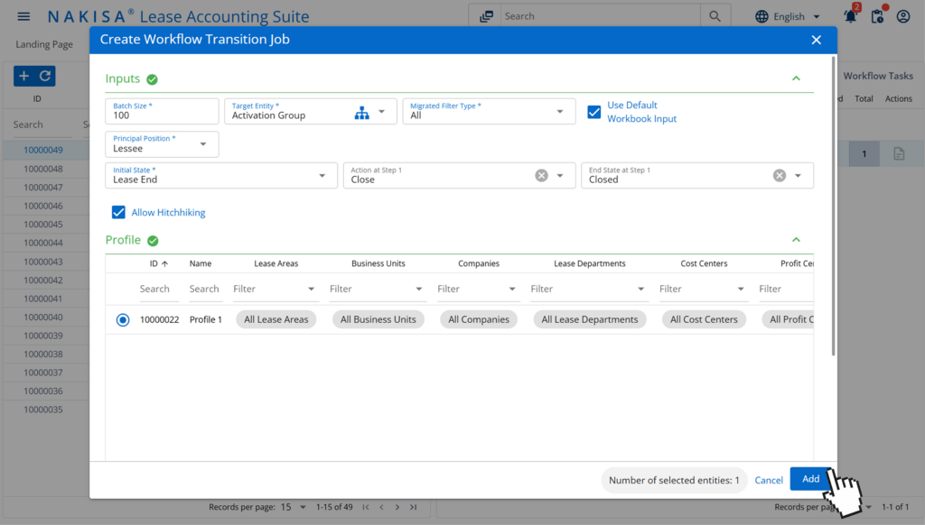 Nakisa Lease Accounting showing the process of creating a workflow transition job by defining an Initial State, selecting an Action or End State, and adding the job.