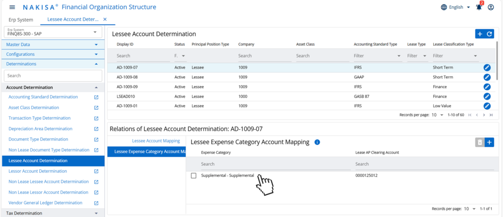 Nakisa Financial Organization Structure (FOS) showing account mapping for AP by expense category.