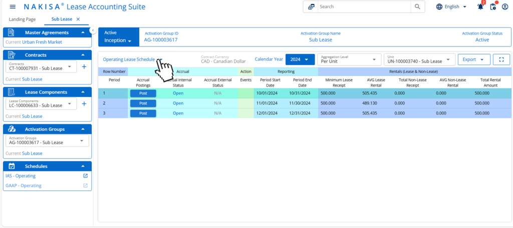 Nakisa Lease Accounting showing the creation and management of subleases under the operating lease classification.