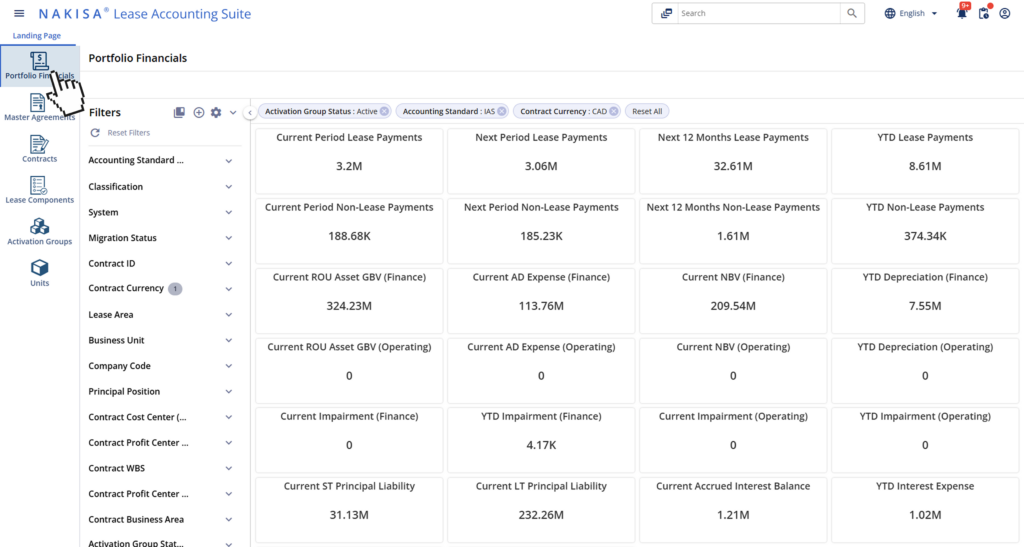Nakisa Lease Accounting showing Portfolio Financials dashboard with payments, assets, and liabilities across multiple contracts.