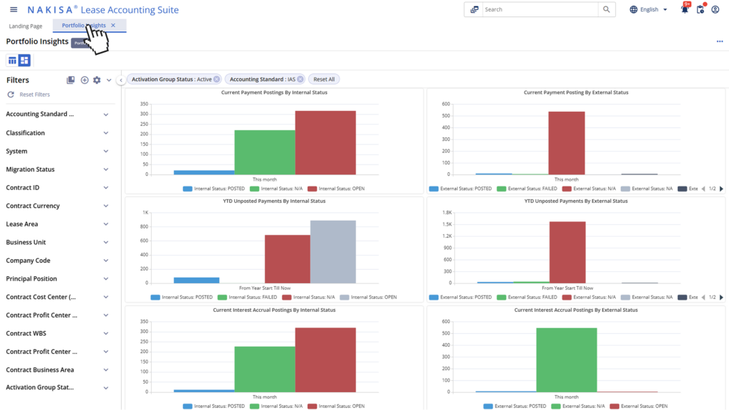 Nakisa Lease Accounting showing Portfolio Insights dashboard with schedules and postings for payments, interest, and depreciation.