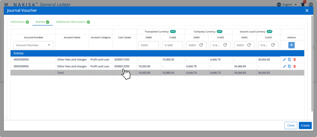Journal voucher creation in the Nakisa General Ledger
