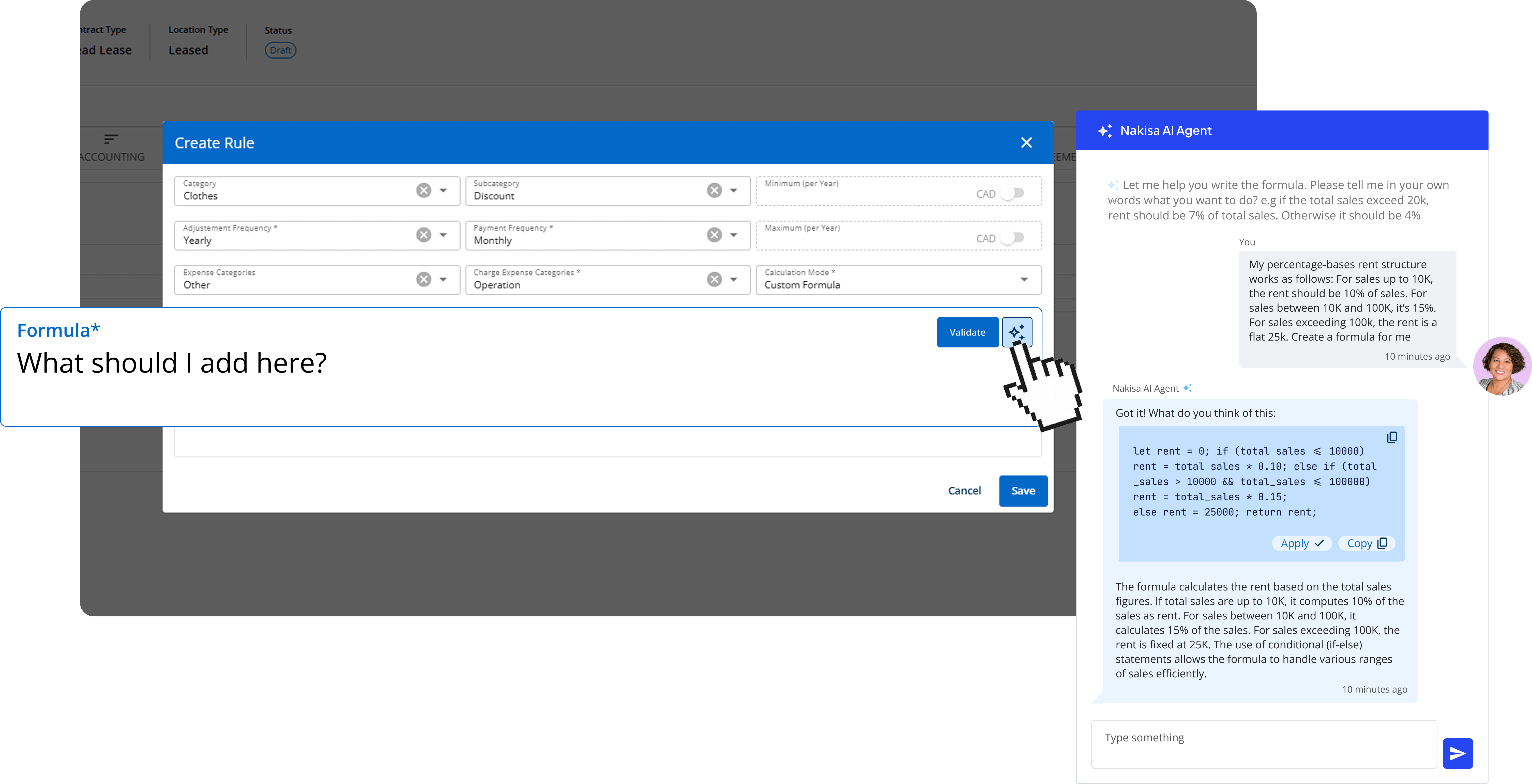 Automate complex variable rent calculations with Nakisa AI Agent for accurate rent formulas
