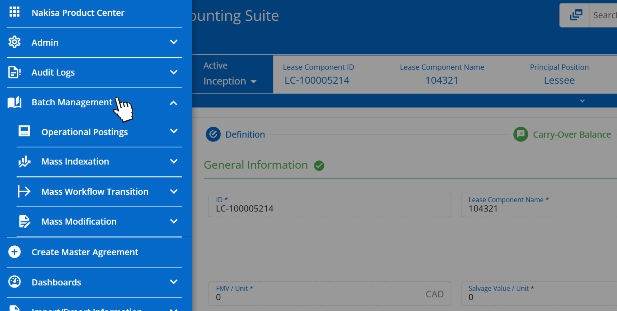Batch management operations on Nakisa Lease Accounting software.