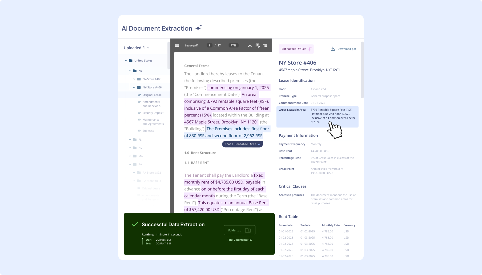 Nakisa Lease Accounting interface showing an AI Agent assisting users with document abstraction to extract key lease terms.