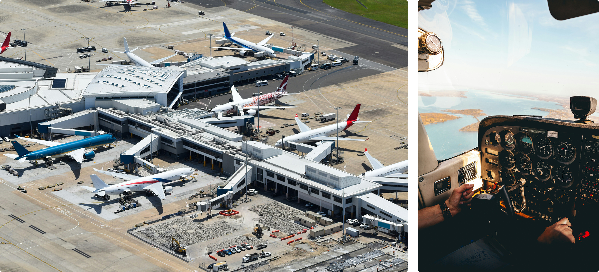 An image of an airport with multiple planes stationed, taken from above