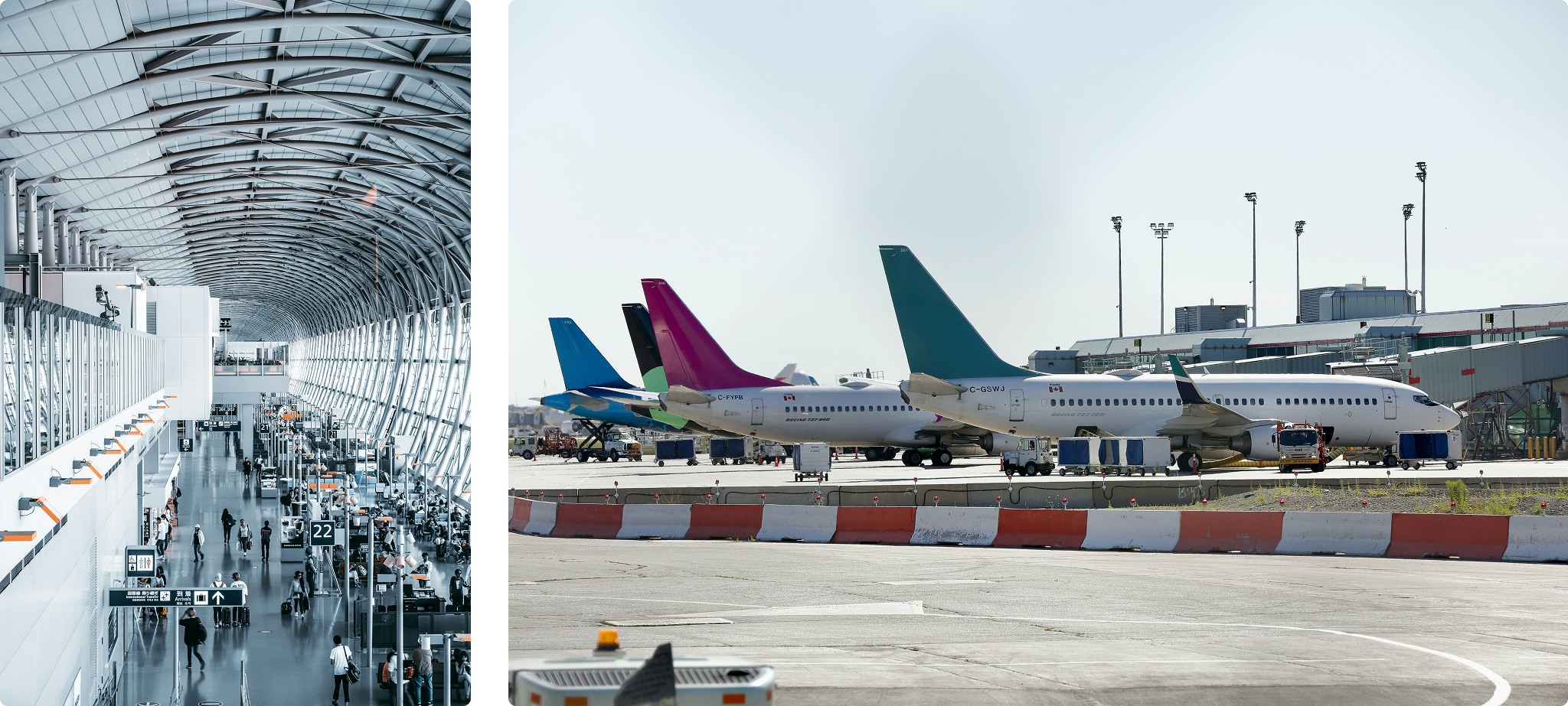 An image of the inside of an airport hall and multiple planes stationed