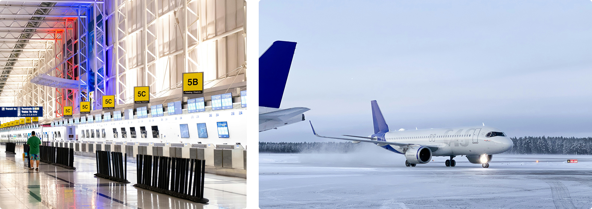 An image of the inside of an airport, next to an image of a plane