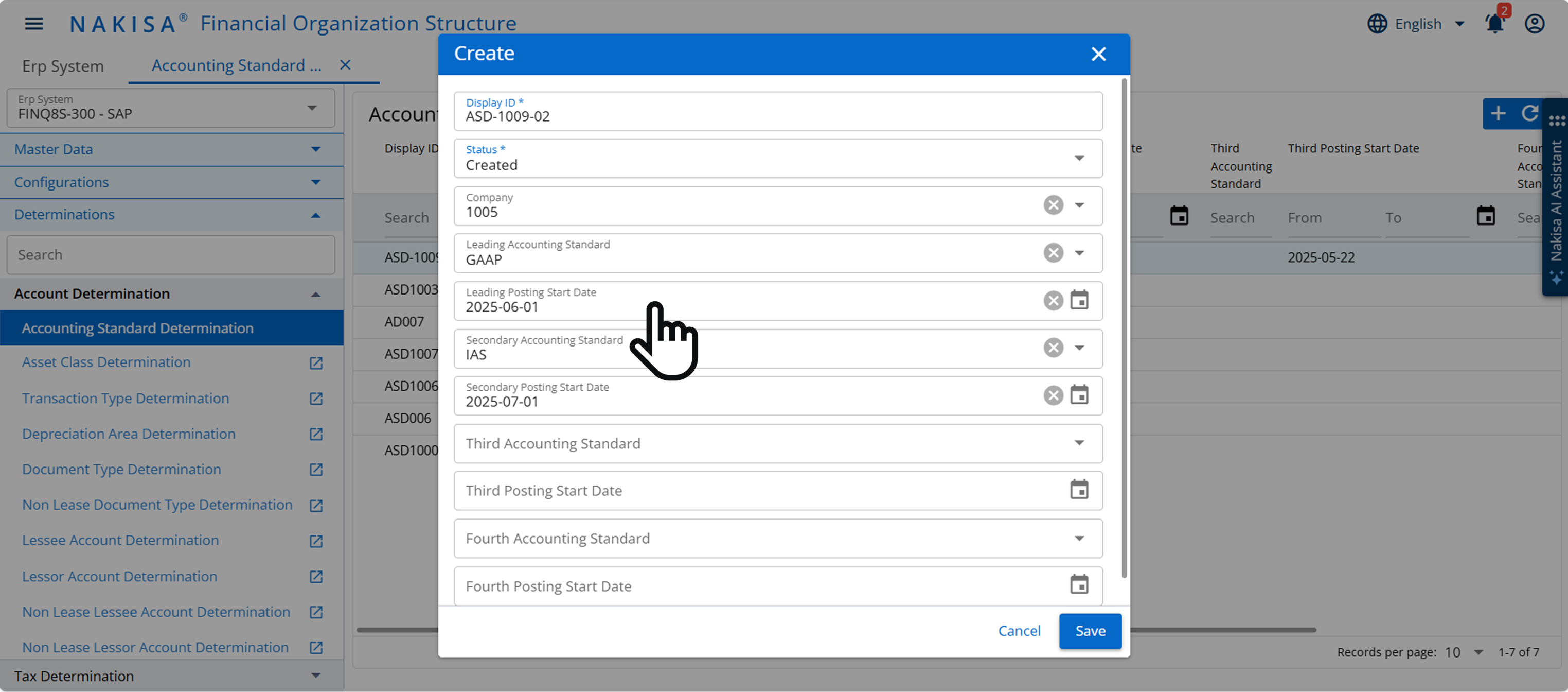 A "Create" pop-up for an Expense Category in Nakisa Financial Organization Structure. It shows fields for ID, status, name, editability, and type.
