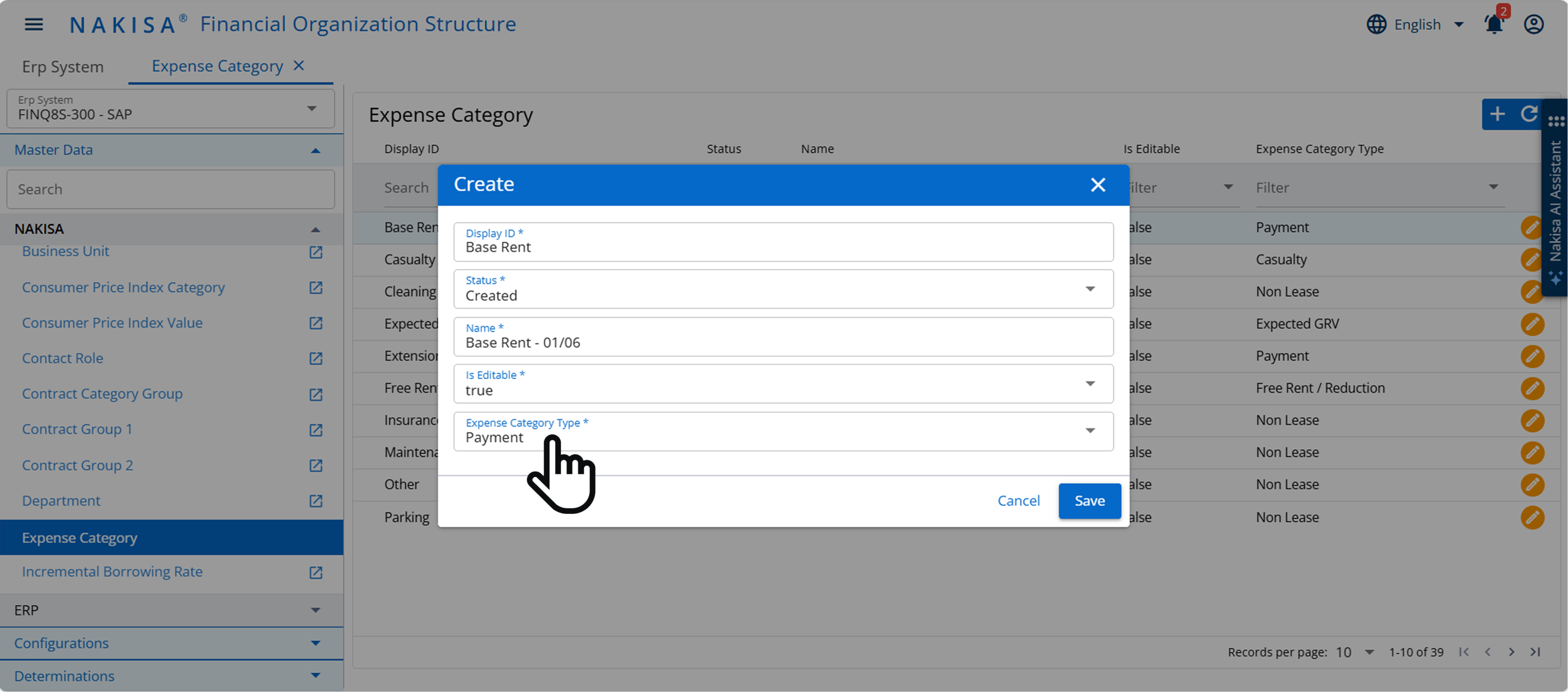 A "Create Vendor General Ledger Determination" pop-up window is open in the Nakisa Financial Organization Structure module.