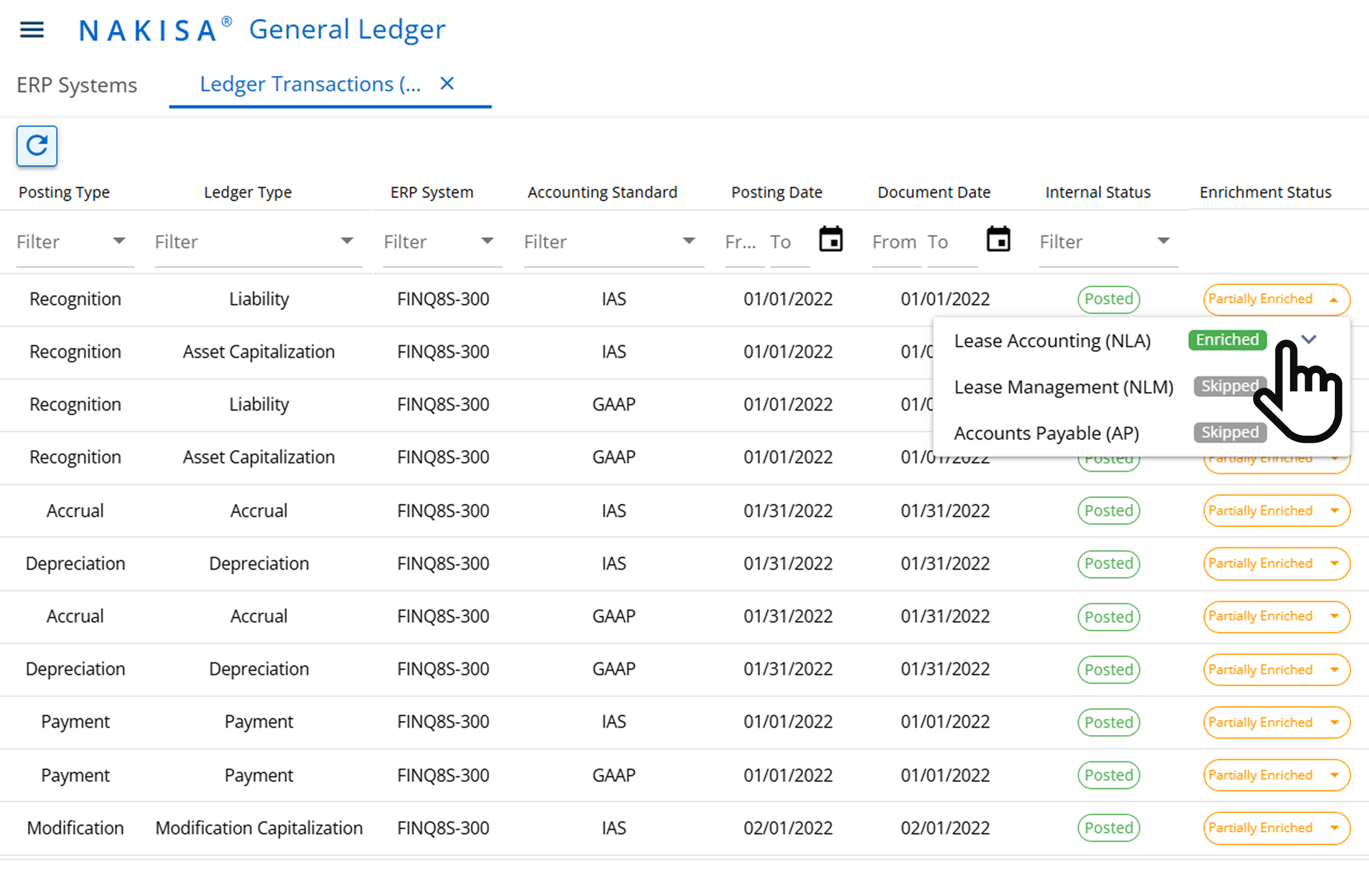 A screenshot of the Nakisa General Ledger module, specifically the Ledger Transactions view.