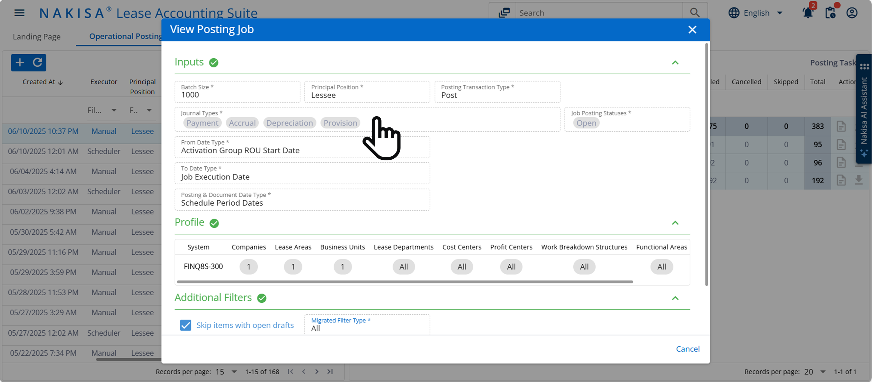 The "Contracts" interface in Nakisa Lease Accounting Suite. A table lists contracts with columns for ID, Revision Name, Principal Position, Lease Area, and Business Unit. A "Mass Actions" dropdown is open, showing "Copy," "Create," and "Export Contract(s)" to "Business Unit." Filters are available on the left sidebar.