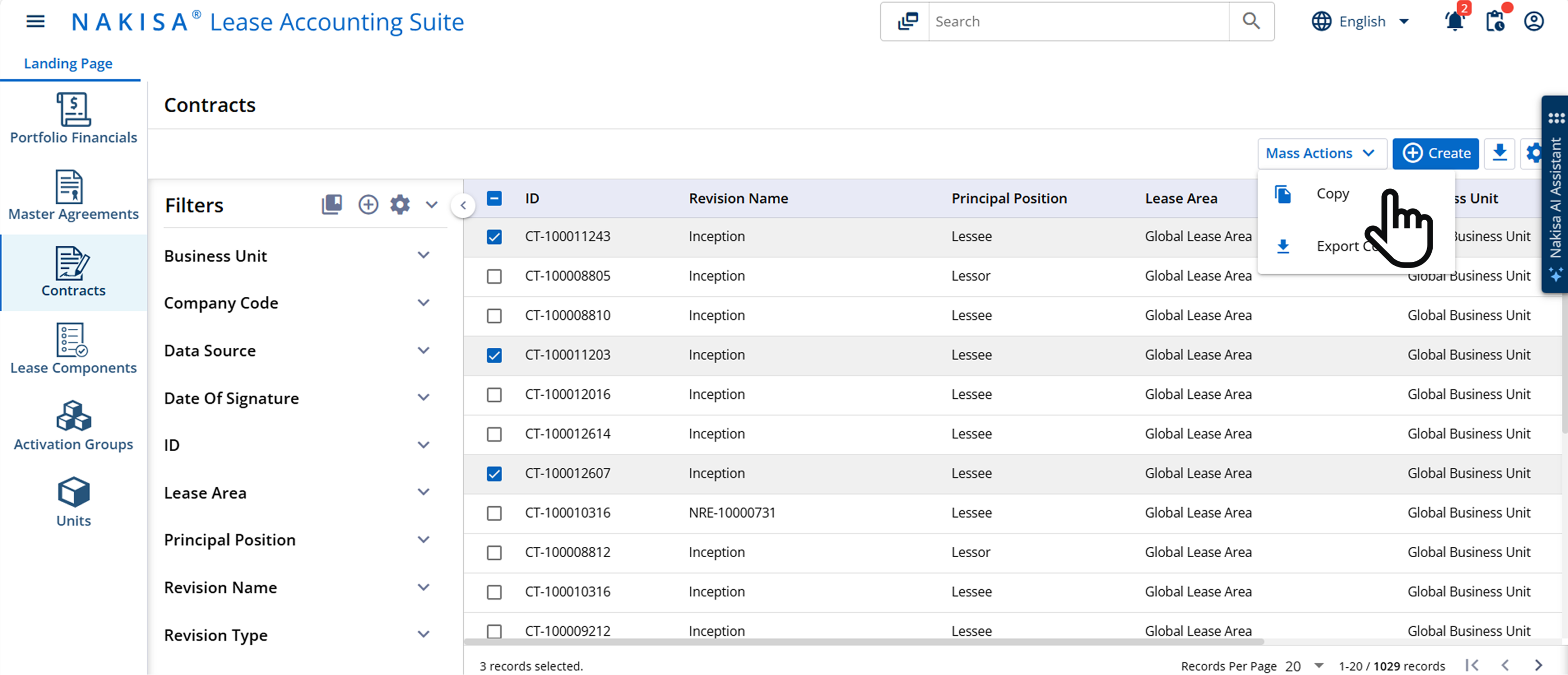 A pop-up window in Nakisa Lease Accounting Suite displaying "General Information" for "Unit UN-100004520 printer." Fields include Unit ID, Unit Name, Unit Status (Draft), Description, Asset Number, Currency (USD), Company, Serial Number, Reference ID, Internal Asset Class, and Inventory Number.