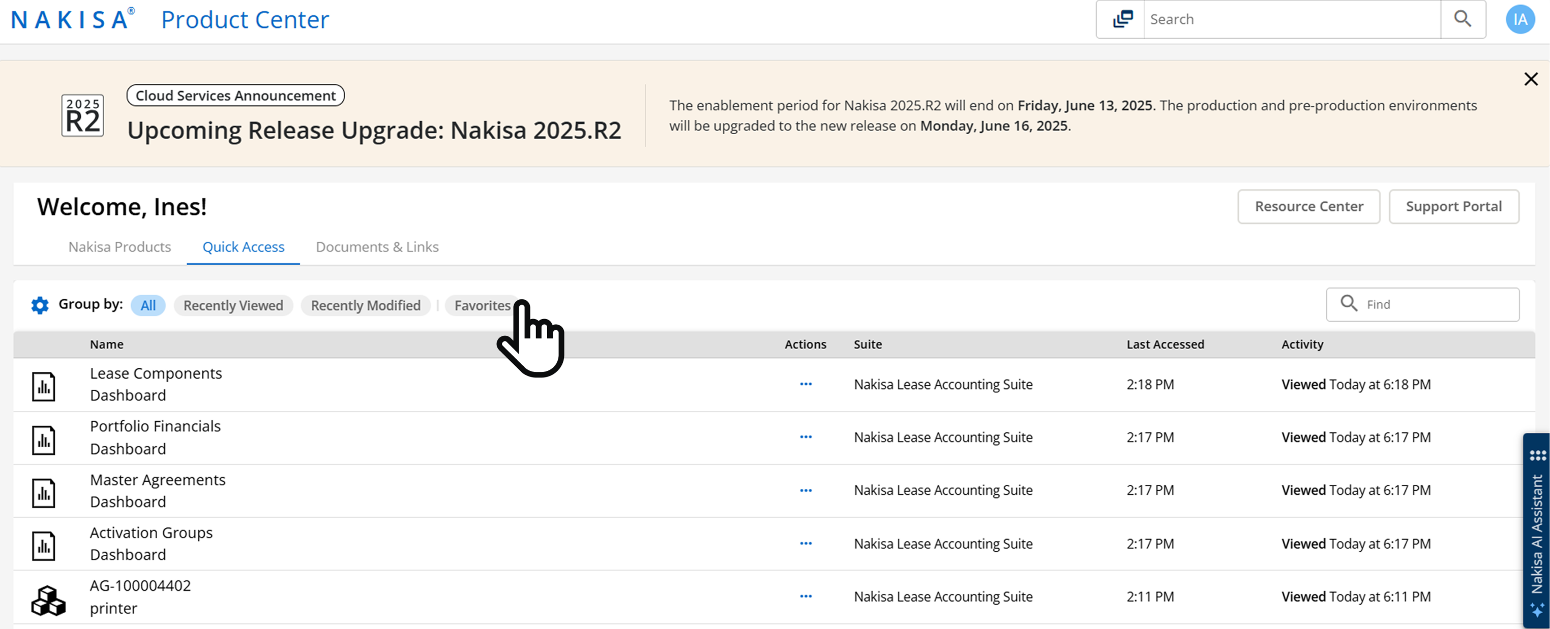 A "View Posting Job" pop-up window in Nakisa Lease Accounting Suite's "Operational Posting" section. It displays fields such as Inputs for Batch Size, Principal Position, Posting Transaction Type, and Journal Types (Payment, Accrual, Depreciation, Provision).