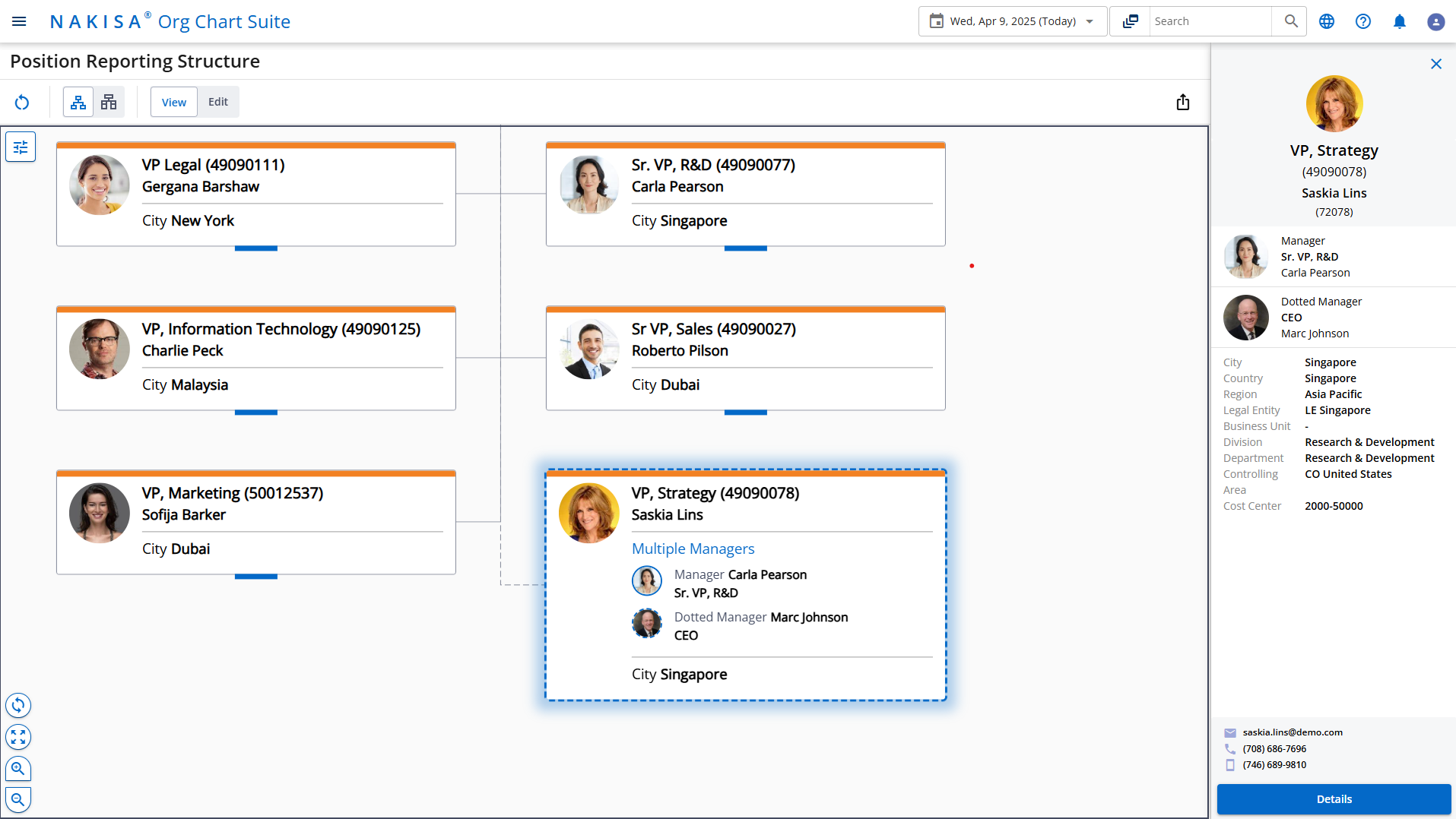 Nakisa’s org chart software supports dotted-line reporting, vacant positions, and multiple incumbents per position.
