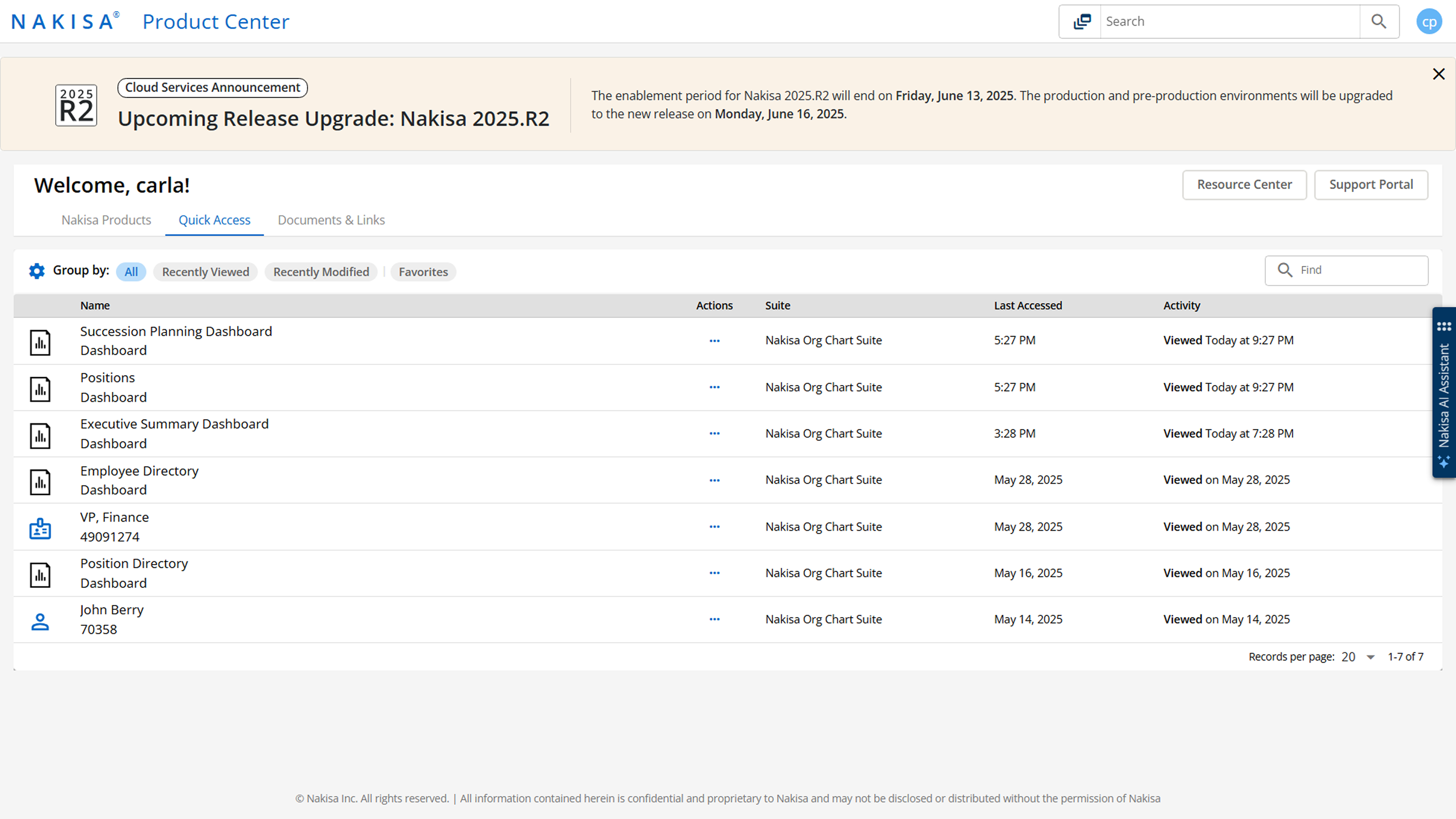 Easily access your recent and favorite items in the Nakisa Product Center.