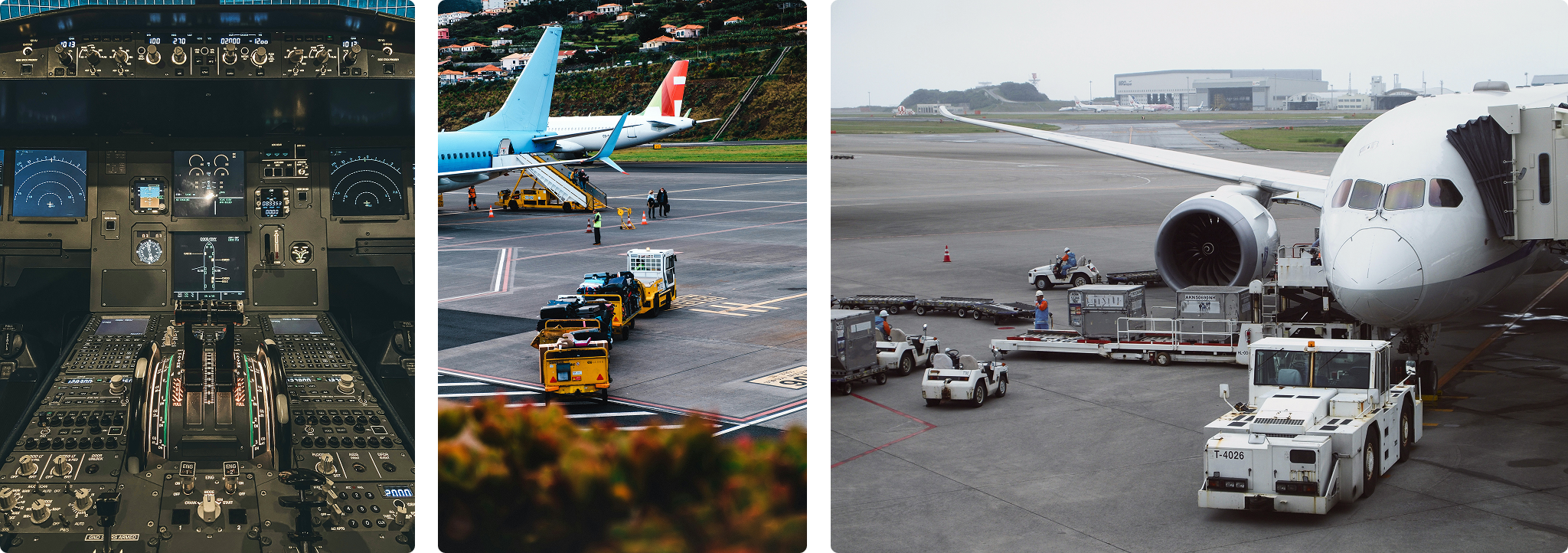 A collage of multiple angles from a plane, inside, behind and outside