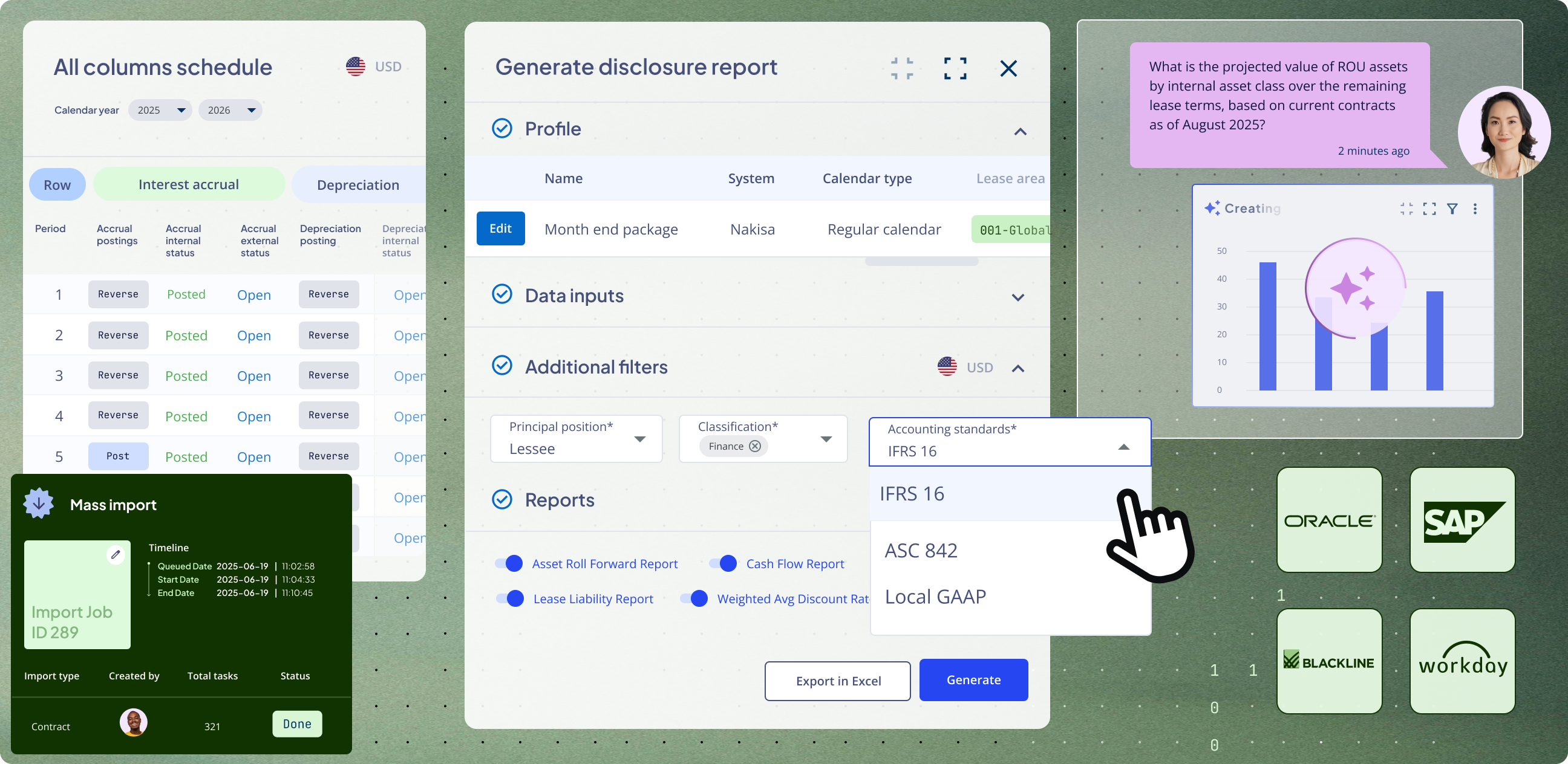 A comprehensive dashboard view of the Nakisa Lease Accounting Suite, showcasing integrated features: a financial report schedule, a disclosure report generation panel with a dropdown open on accounting standards (IFRS 16 selected), an AI agent providing projected ROU asset values, a Mass Import progress summary, and logos of integrated ERP systems (Oracle, SAP, Blackline, Workday).