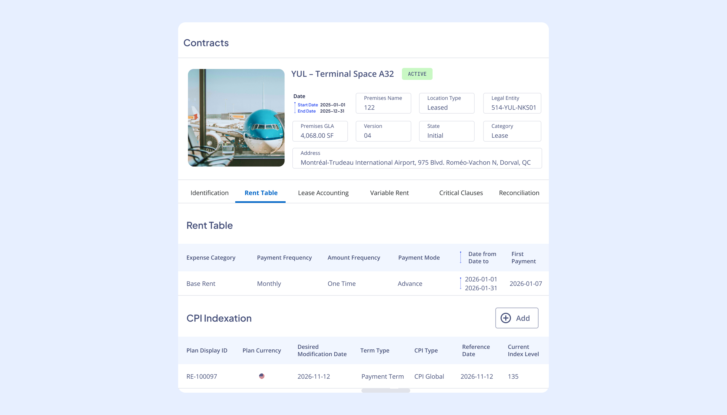 Nakisa IWMS automates tracking and calculation of rent escalations and CPI adjustments for airline leases.