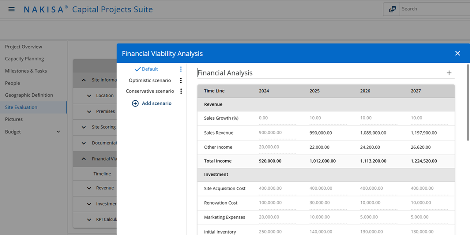 Financial scenario planning and analysis in Nakisa IWMS for airline capital projects