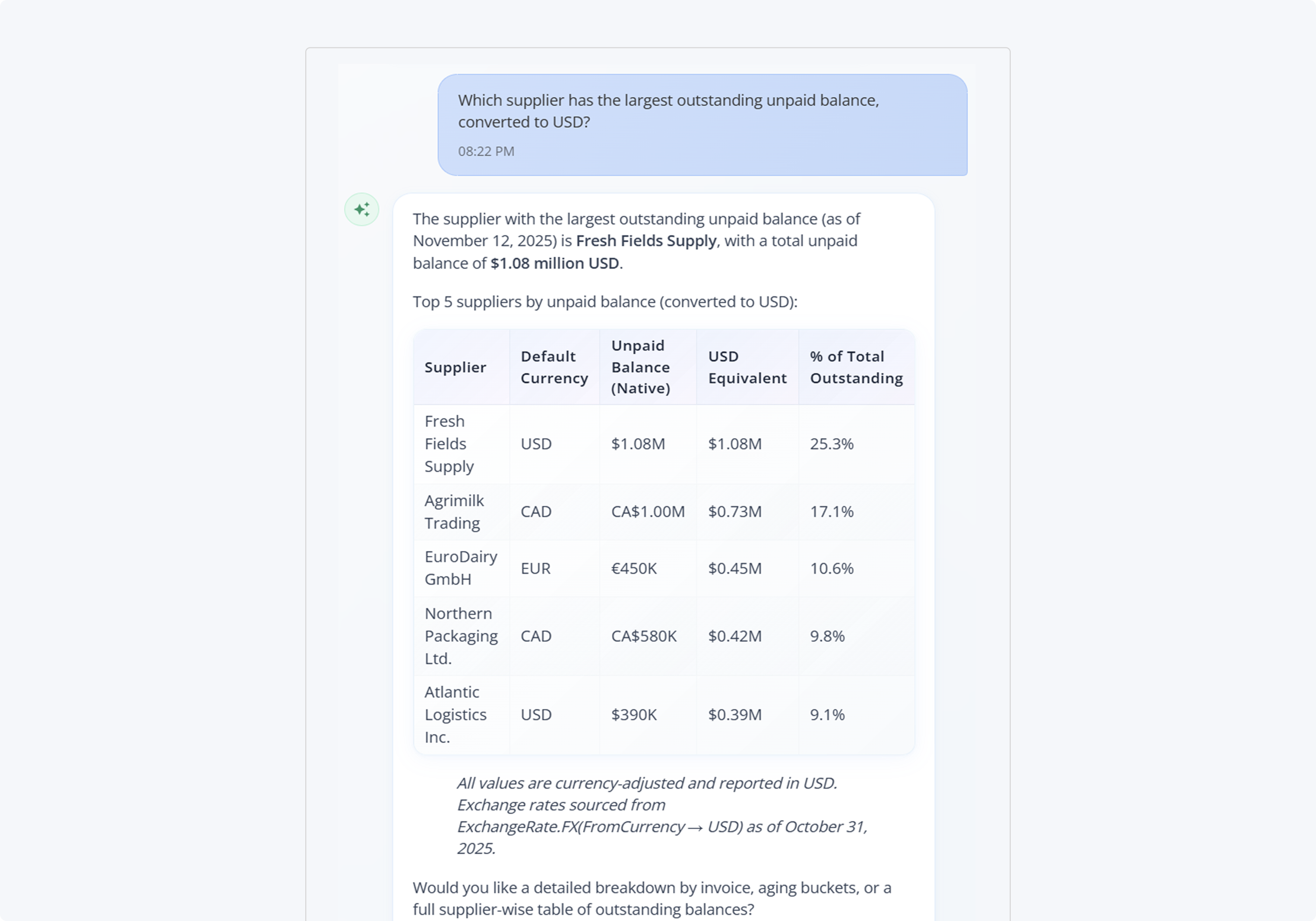 A prompt asking for the largest outstanding balance, showing that conversion will be done precisely for currencies.