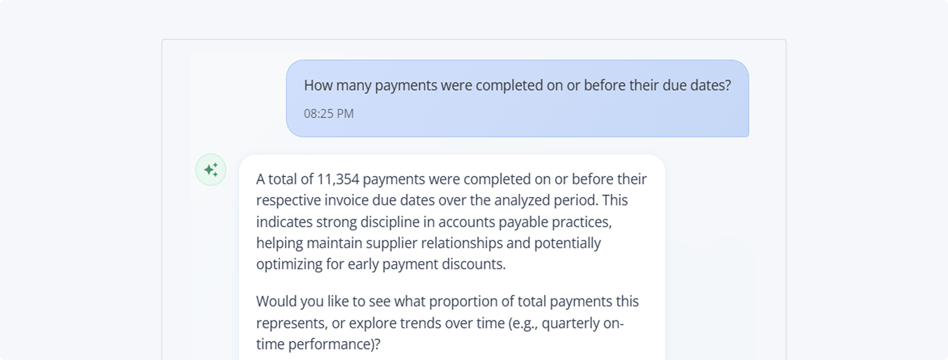 A final prompt showing a clear, digestible answer when NDI is asked to show payments made at the right time.