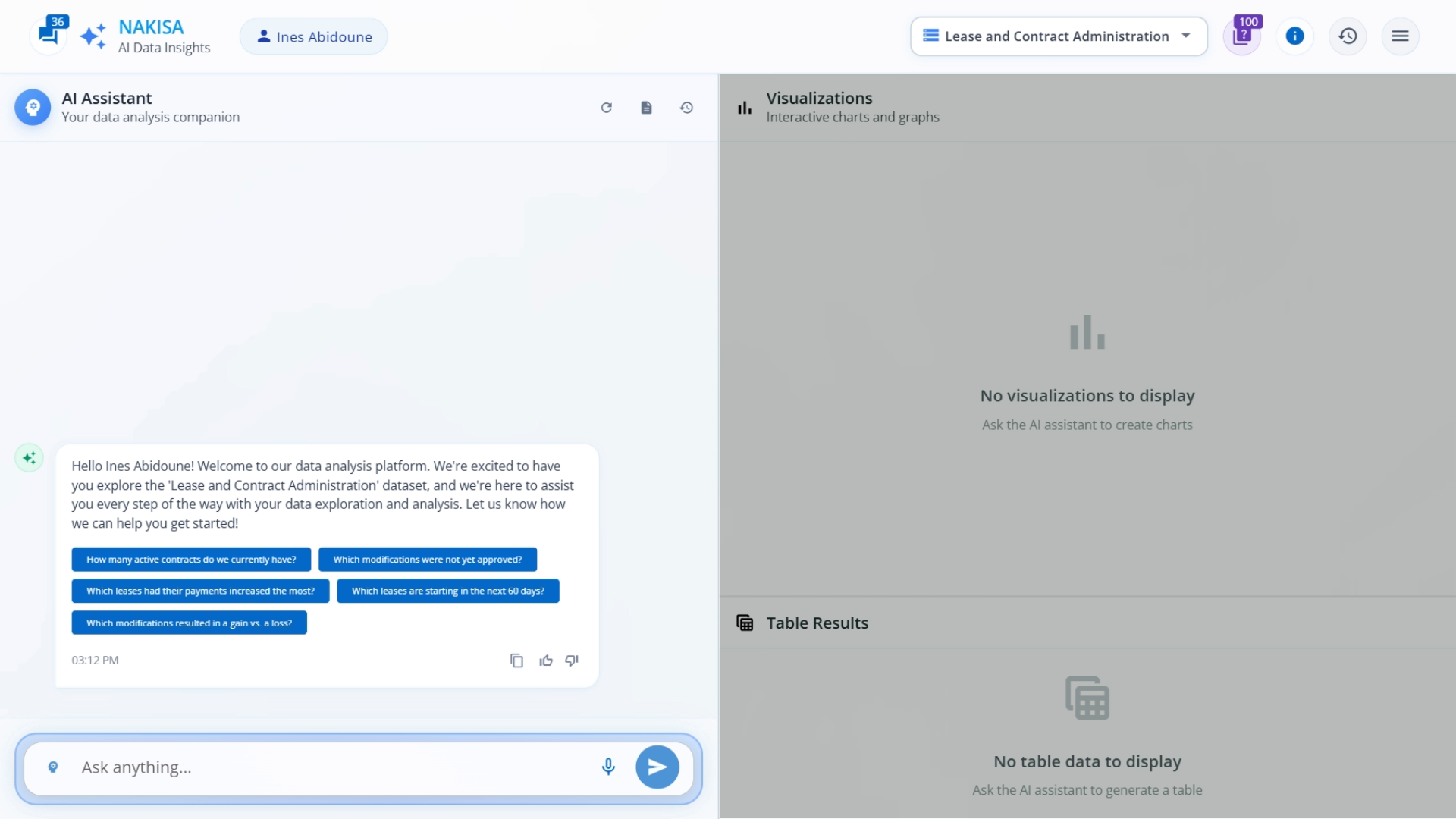 Nakisa Decision Intelligence interface with AI chat panel and interactive data visualizations for real-time analysis and decision making.