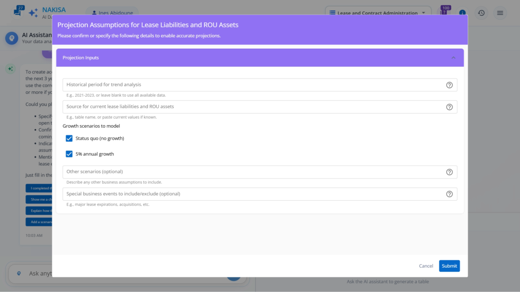 NDI forecast table comparing lease liabilities and ROU assets under multiple scenarios, enabling data-driven capital planning.