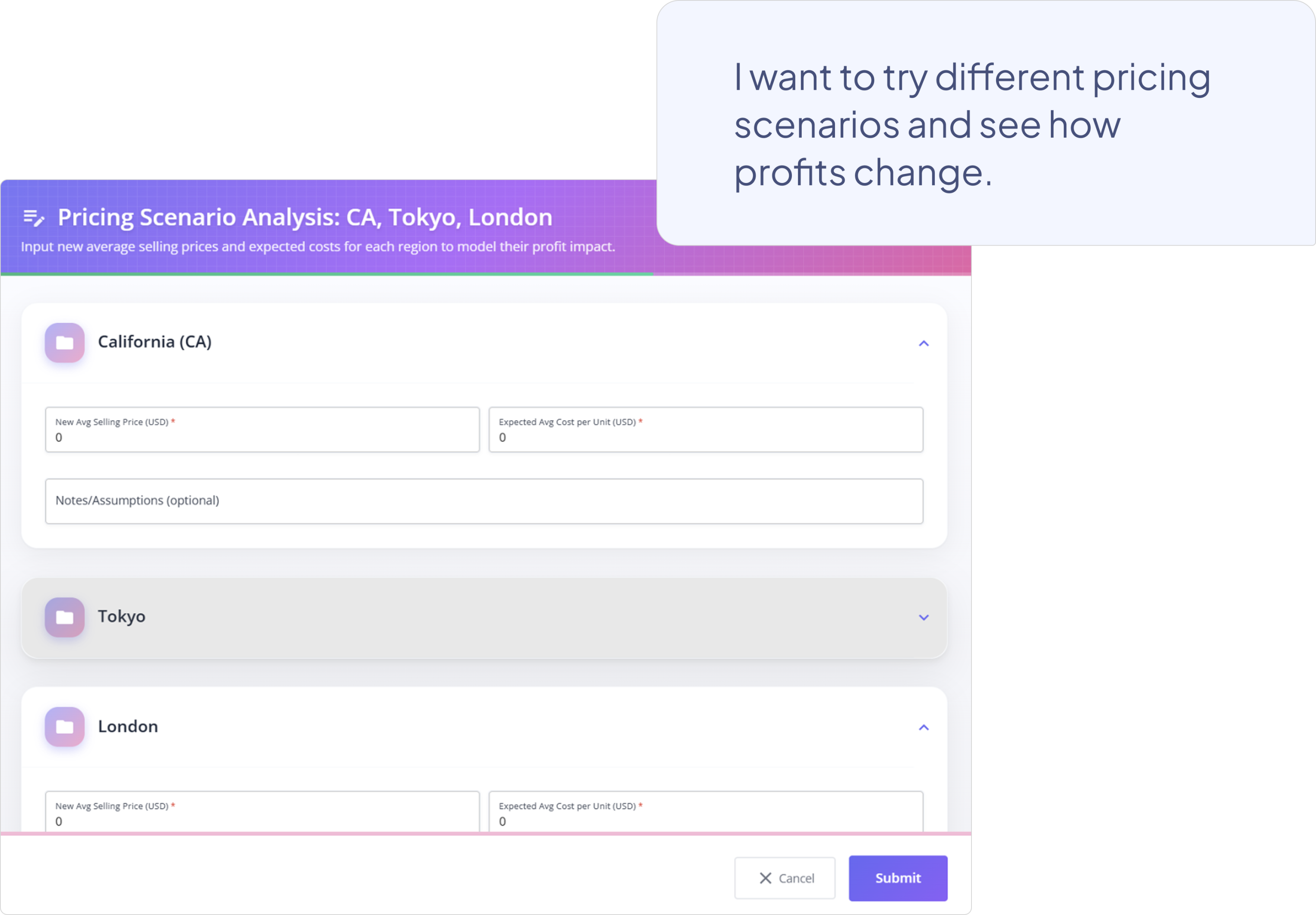 A screenshot of Nakisa Decision Intelligence showing how the UI simulates different scenarios with various inputs required from the user.