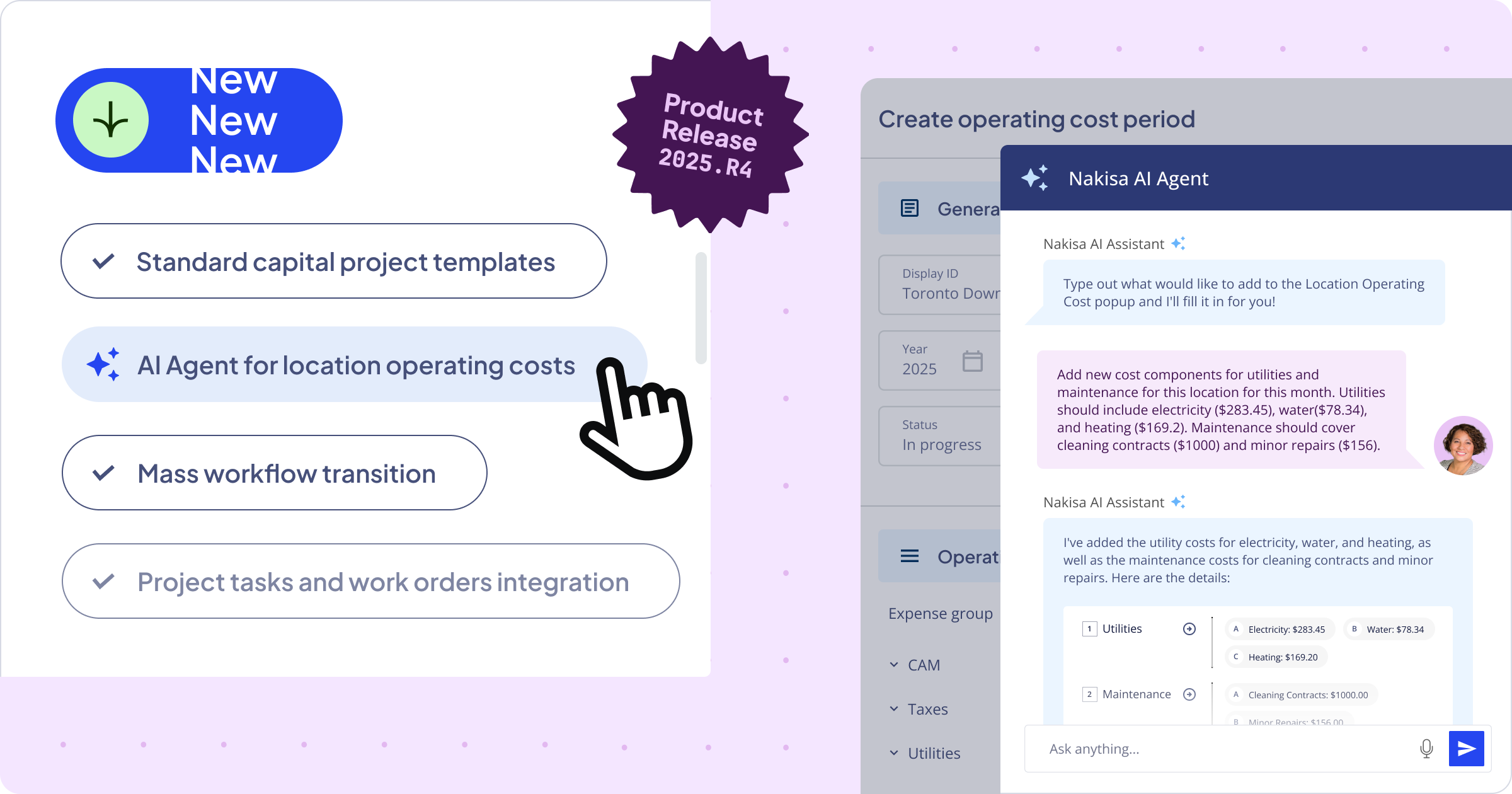 Overview of the Nakisa IWMS 2025.R4 release featuring AI Agents, operating cost automation, mass workflow transitions, and product integrations.