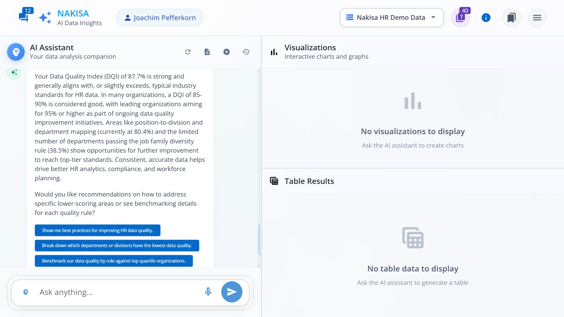 A screenshot showing a text answer from Nakisa Decision Intelligence, comparing the organization's data quality index to industry averages.