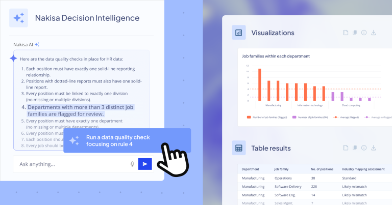A series of screenshots showcasing Nakisa Decision Intelligence's ability to internalize data quality (?) rules and validate workforce data integrity.