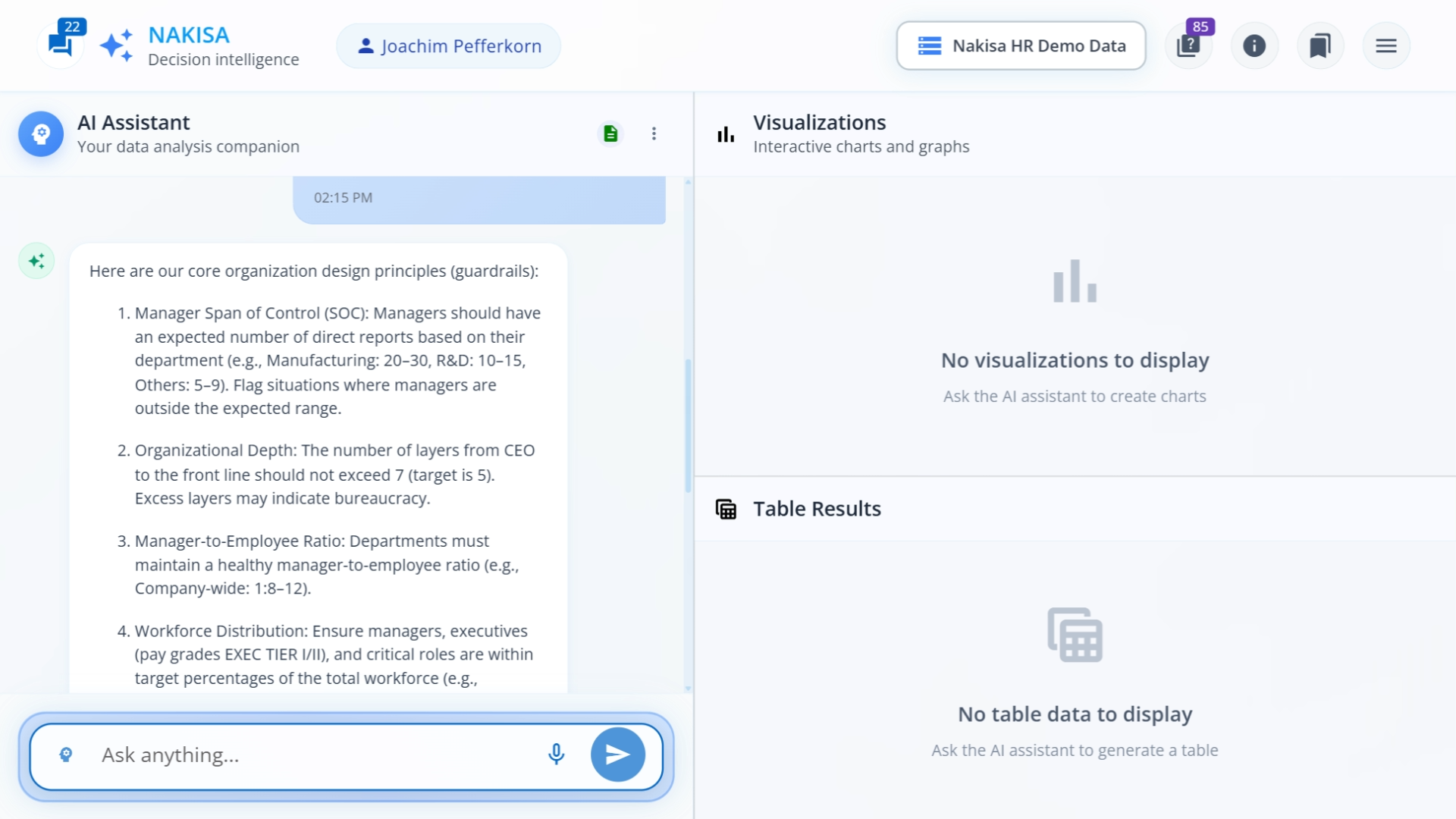 A screenshot of Nakisa Decision Intelligence following a prompt asking for a list of an org's design principles, showing the answer as a bullet-point list, with 10 total rules.