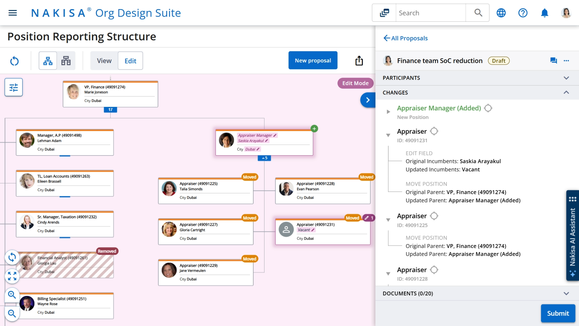 A screenshot of Nakisa Org Design following a conversation with NDI, showcasing action taken after uncovering insights