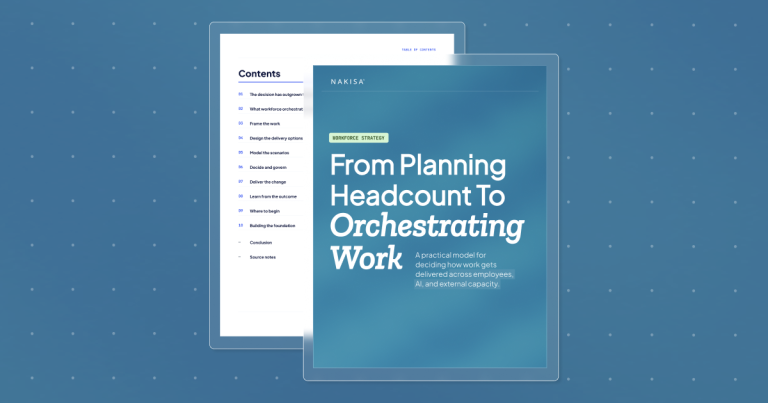 Cover of Nakisa’s workforce orchestration guide, “From Planning Headcount to Orchestrating Work”