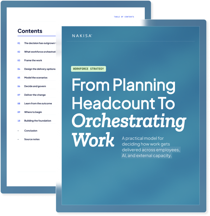 Cover of Nakisa’s workforce orchestration guide, “From Planning Headcount to Orchestrating Work”
